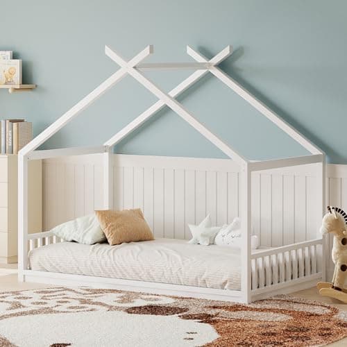 Montessori Twin Size Floor Bed with Fence, White