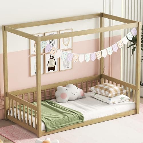 Twin Size Floor Bed Canopy Frame for Kids, Wood Fence, Natural, No Box Spring Needed