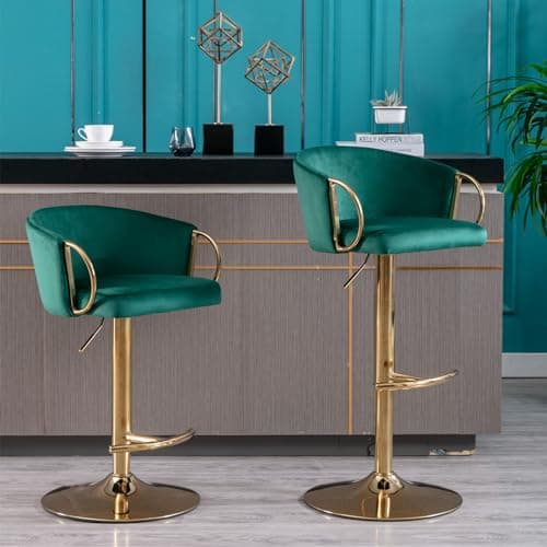 Velvet Counter Height Bar Stools Set of 2 with Chrome Footrest and Gold Base, Swivel Adjustable for Kitchen Island, Pub, Dining Room - Green