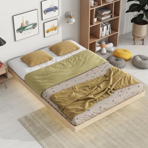 Full Size Floating Bed with LED Lights and Solid Wood Platform Frame