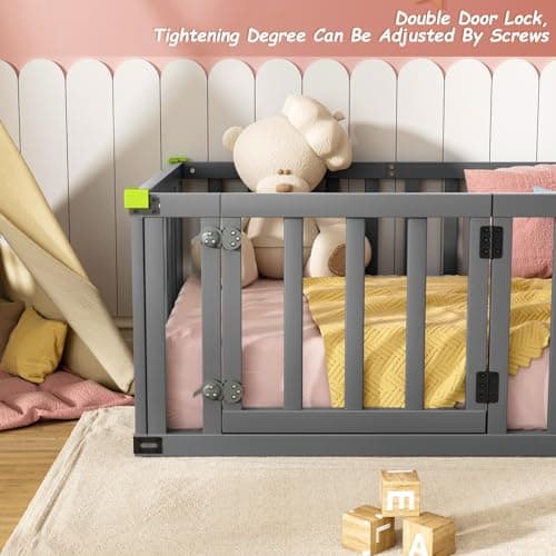 ROOMTEC Montessori Twin Beds with Safety Fence & Convertible Door, Grey