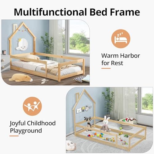 Solid Wood Montessori Floor Bed for Toddlers - Twin Size with House Shaped Headboard