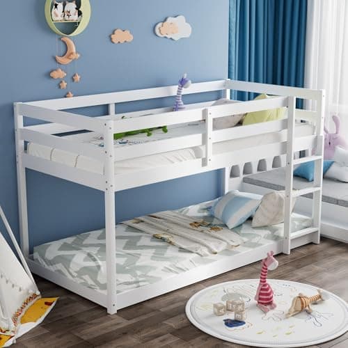 Twin Over Twin Bunk Bed with Ladder & Full-Length Guardrail for Dormitory and Bedroom, Grey Color, 400LBS Capacity