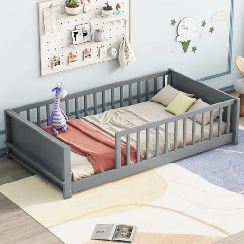 Full Size Montessori Floor Bed with High Fence, Natural Wood for Kids