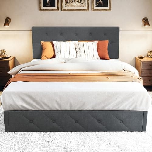 Queen Bed Frame with Headboard Storage Drawers, Mattress Foundation, Grey