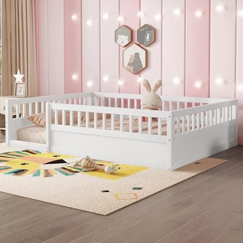 Montessori Twin Bed with High Rails for Kids, White