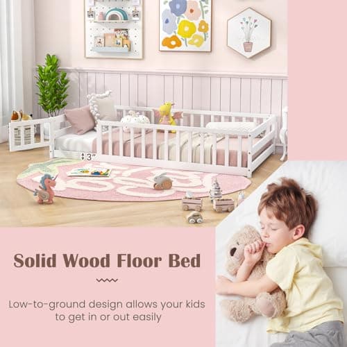 Giantex Safety Floor Bed with Door & Fence, Twin, White