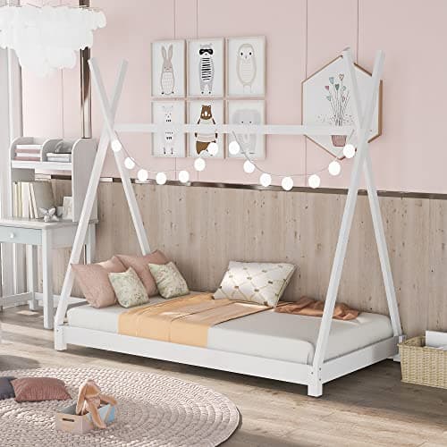 Montessori Style Black & Brown Wood Teepee Bed for Kids Box Spring Required