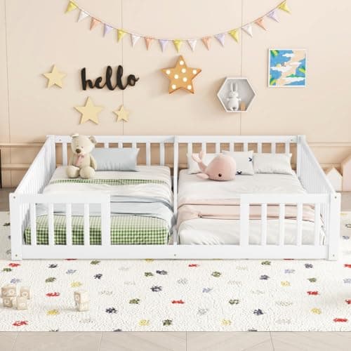 i-POOK Double Twin Bed Frames for 2 Kids, White Wooden Floor Beds