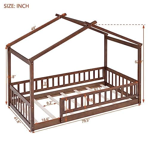 i-POOK Walnut Twin Size Montessori Wood Floor Bed with Fence and Roof
