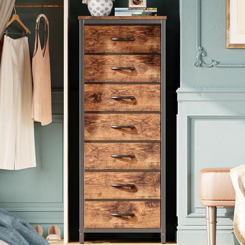 Charcoal Black Wood Grain Print Tall Dresser with 6 Drawers & Metal Frame