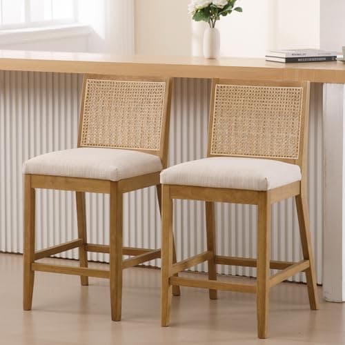 Rattan 26" Counter Stools, Set of 4, Cream Boho Kitchen Chairs