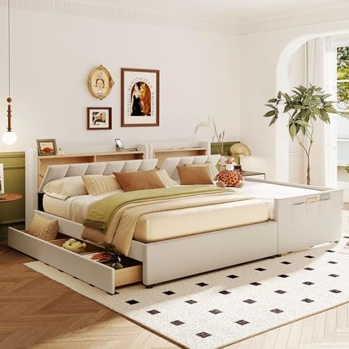 Beige Velvet Upholstered Queen Bed with Desk & Stool, No Box Spring Required