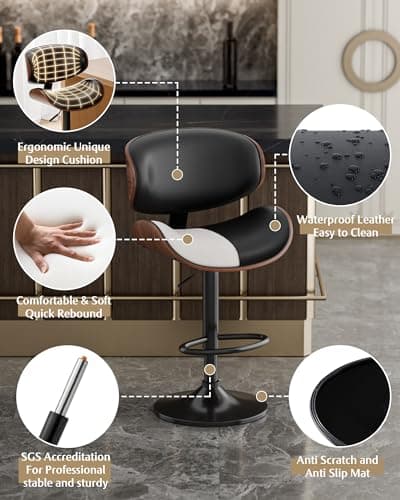 Mid-Century Modern Black PU Leather Bar Stool Set of 4 with Back
