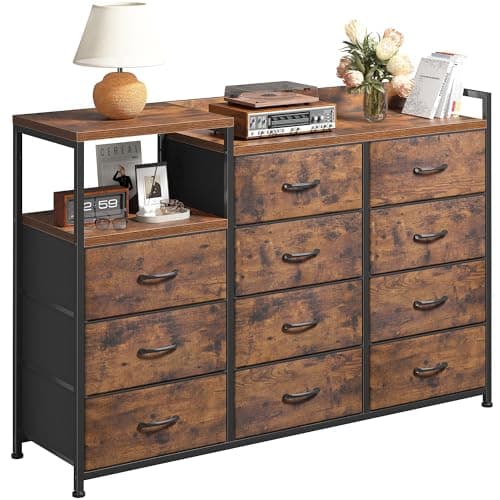 EnHomee Sturdy Metal Tall Dresser with 9 Drawers & 2 Shelves, Black Grey