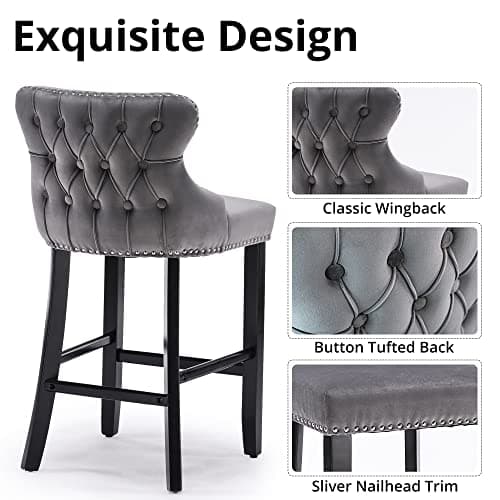 Velvet Upholstered Counter Height Bar Stools Set of 2 for Kitchen Island or Dining Room, Gray