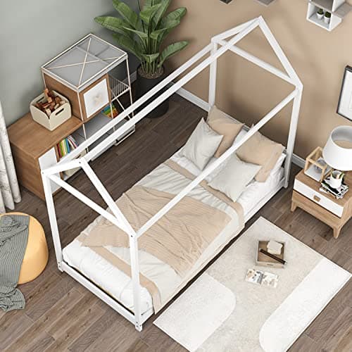 i-POOK White Twin Size Wooden House Bed with Roof