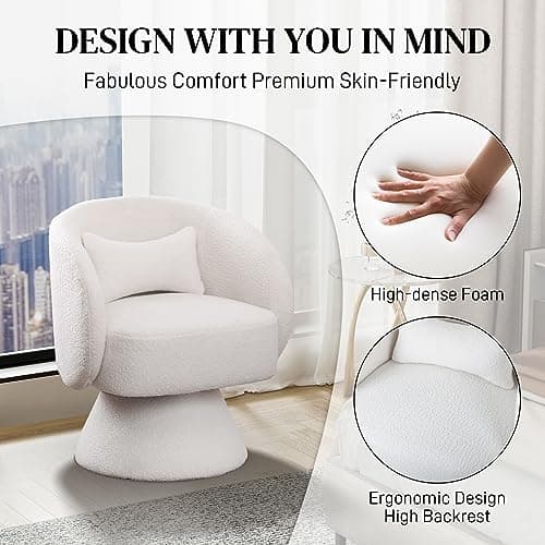 White Teddy Bear Boucle Sherpa Swivel Armchair, 360 Degree Spin for Living Room & Bedroom
