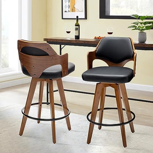 Black PU Upholstered Bamboo Leg Bar Stools Set of 2 Counter Height