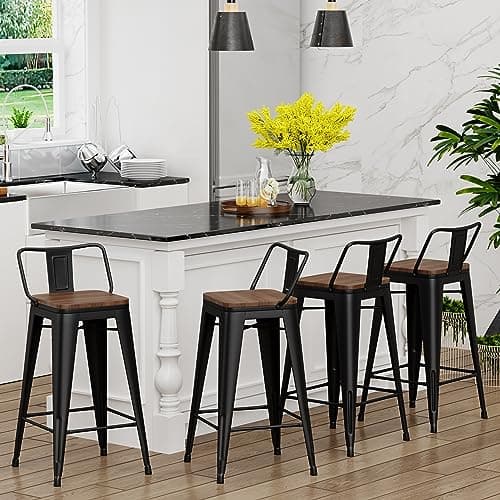 Yongchuang Matte Black Bar Stool Set of 4, 26 Inch Kitchen Counter Height