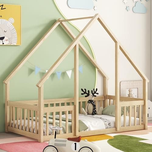 Twin Size Montessori Floor Bed with Fence, Natural Solid Wood Frame