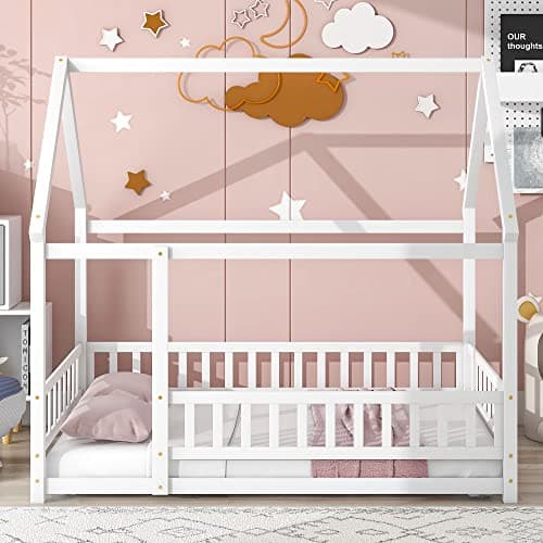 Full Size Montessori House Bed for Children Girls and Boys, White