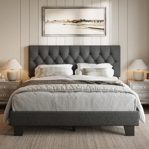 iPormis Dark Grey Button Tufted Queen Upholstered Bed Frame, Velvet Support Legs