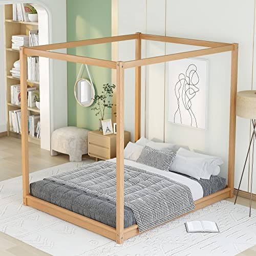 Merax Modern Queen Size Wood Canopy Bed - No Box Spring Needed/EasyAssembly