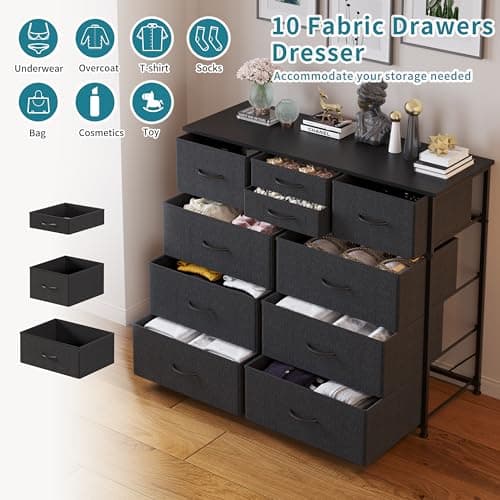 LUMTOK 10-Drawer Fabric Dresser, Steel Frame, Wood Top (Grey)