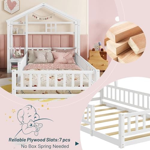 Montessori Wood Twin House Bed with Fence Guardrails & Stand, White
