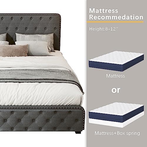 Dark Gray Queen Bed Frame with Storage Drawers and Adjustable Headboard