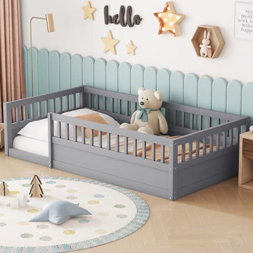Montessori Full Size Floor Bed with High Rails for Kids, Natural Wood