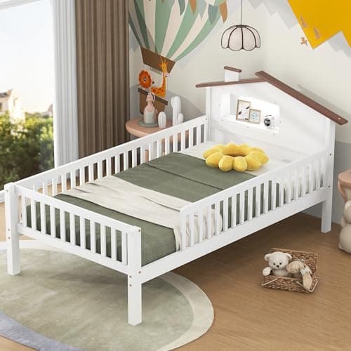 Montessori Ball & Cast Full Floor Bed Frame with Fence, White, No Box Spring Needed