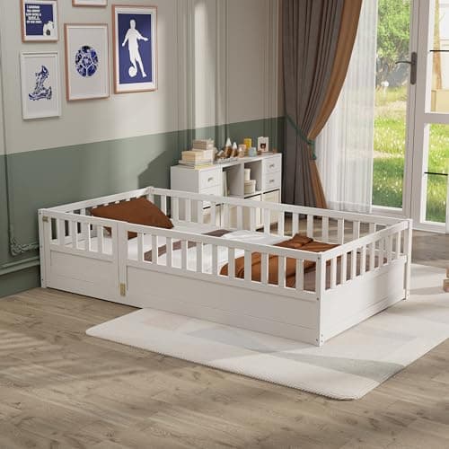 Montessori Ball & Cast Full Floor Bed Frame with Fence, White, No Box Spring Needed