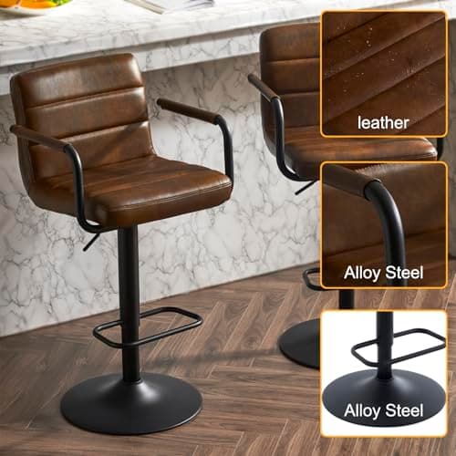 Yellowish Brown PU Leather Bar Stools Set of 2, Adjustable Height Swivel Chairs