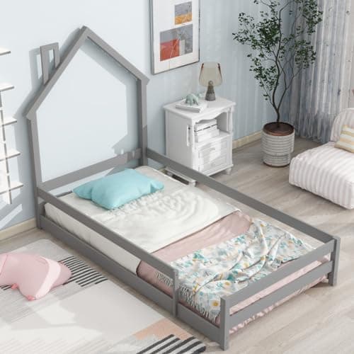Montessori Twin Floor Bed with House-Shaped Headboard and Fence Guardrails