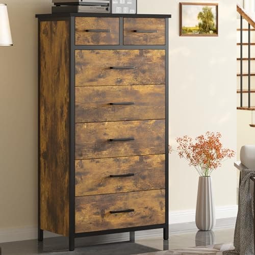 IKENO Industrial-Styled 7 Drawer Dresser with Metal Frame, Large Clothes Cabinet for Bedroom