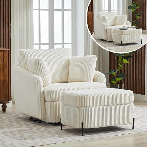 Oversized Green Chenille Swivel Chair with Ottoman