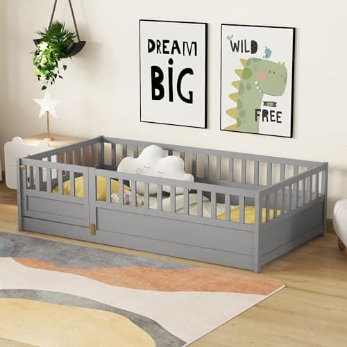 Montessori Twin Size Floor Bed with High Fence & Door (Gray)