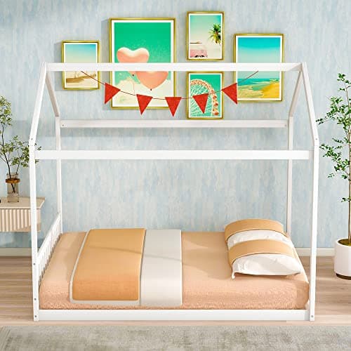 LUSPAZ Queen Size Wood House-Shaped Floor Bed Frame for Toddlers and Babies, Modern Montessori Design, No Box Spring Needed, White