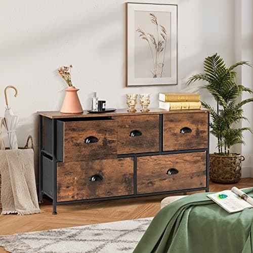 Rustic 5-Drawer Dresser with Fabric Bins and Steel Frame for Bedroom or Living Room - Brown