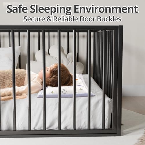 Montessori Safety Floor Bed Frame for Kids, Black No Box Spring Needed