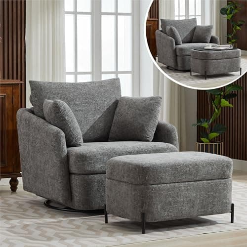 Oversized Green Chenille Swivel Chair with Ottoman