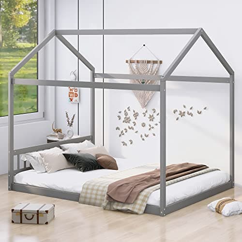 Merax White Queen Size Wooden House Bed, No Headboard Needed