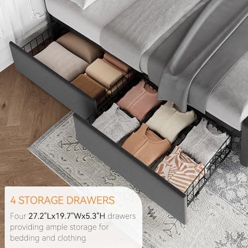 IDEALHOUSE Queen Size Linen Upholstered Bed Frame with 4 Drawers & Headboard, Dark Grey
