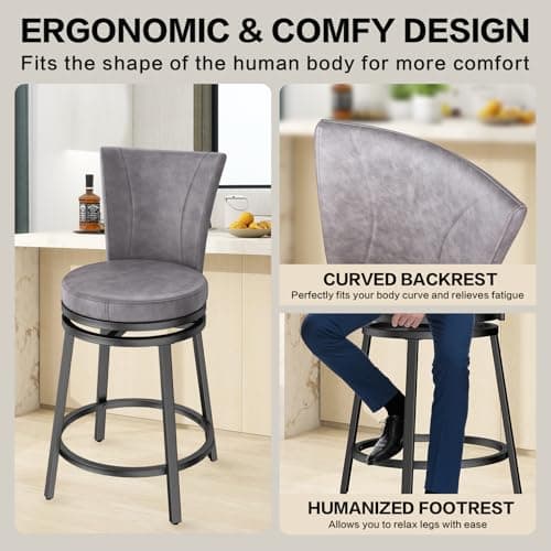 Grey Faux Leather Swivel Bar Stools, 24.5" Metal Counter Height Chairs