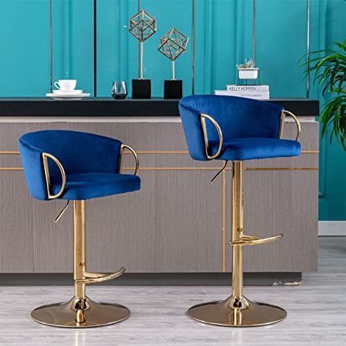 Adjustable Velvet Swivel Bar Stools Set of 2, Navy Color, for Dining Room Home Bar Kitchen Island