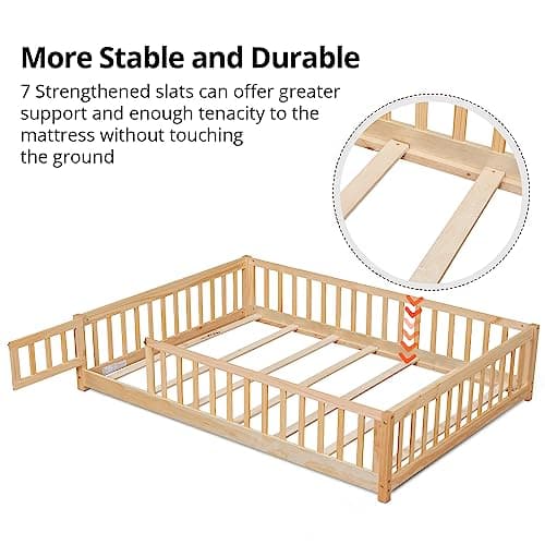 i-POOK Montessori Twin Floor Bed for Children, Sturdy Wood Frame with Fence & Door, Natural