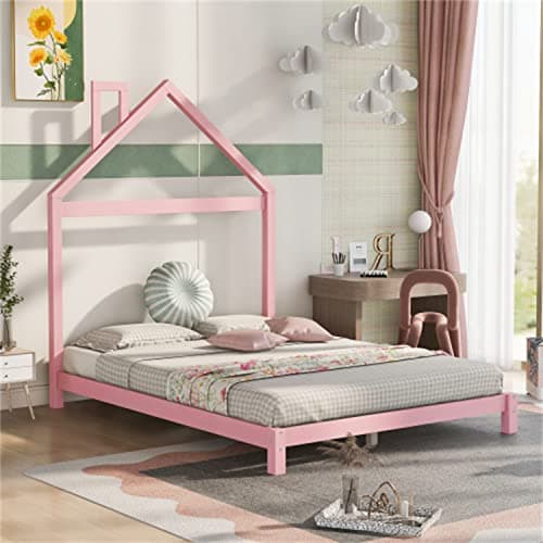 i-POOK Montessori Full Size Wooden Platform Bed with Pink House-Shaped Headboard