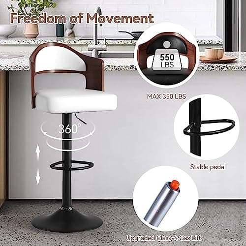 Adjustable Height Wooden Bar Stools Set of 4 with Back & Footrest